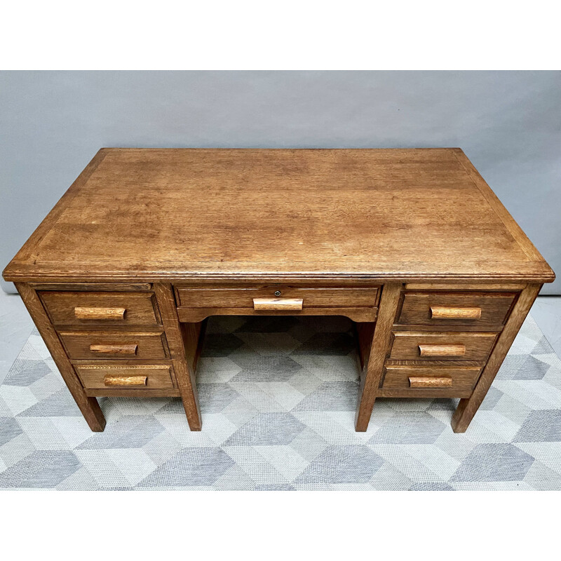 Grand bureau vintage en bois avec tiroirs en chêne 1950