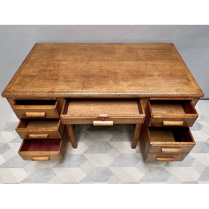 Grand bureau vintage en bois avec tiroirs en chêne 1950