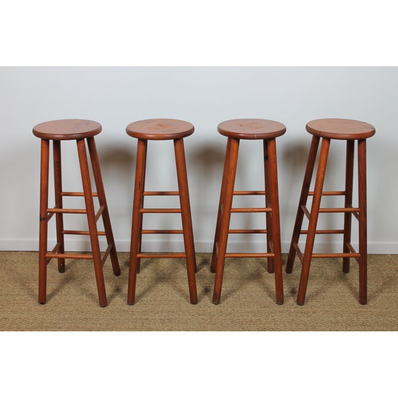 Set of 4 vintage pine bar stools 1950s