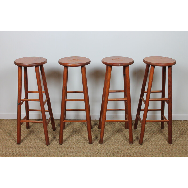 Set of 4 vintage pine bar stools 1950s