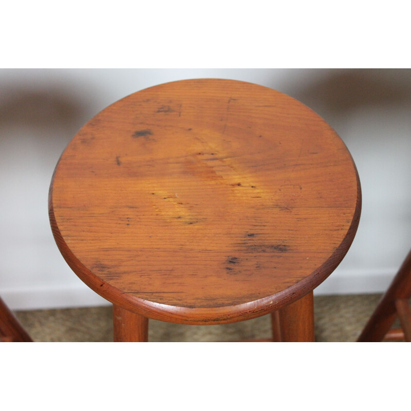 Set of 4 vintage pine bar stools 1950s