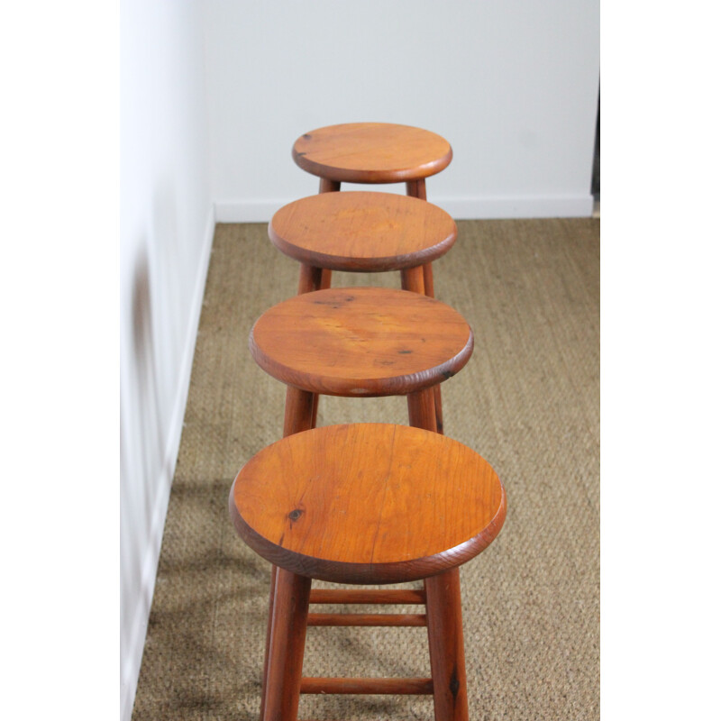 Set of 4 vintage pine bar stools 1950s