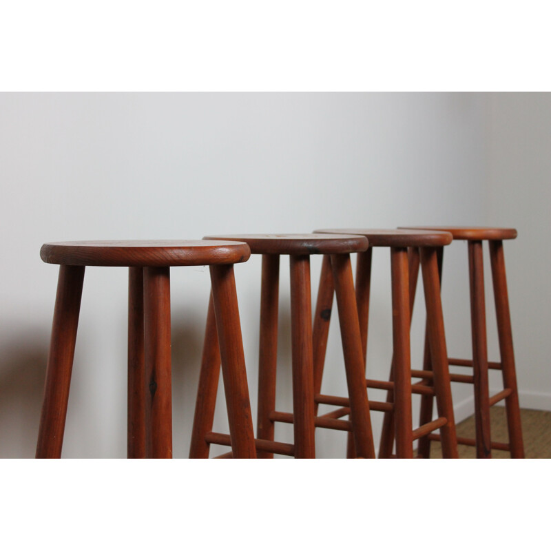 Set of 4 vintage pine bar stools 1950s