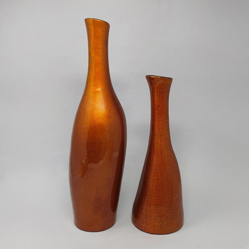 Paire de vases vintage en verre ocre, Italie 1950