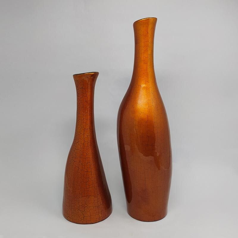 Paire de vases vintage en verre ocre, Italie 1950