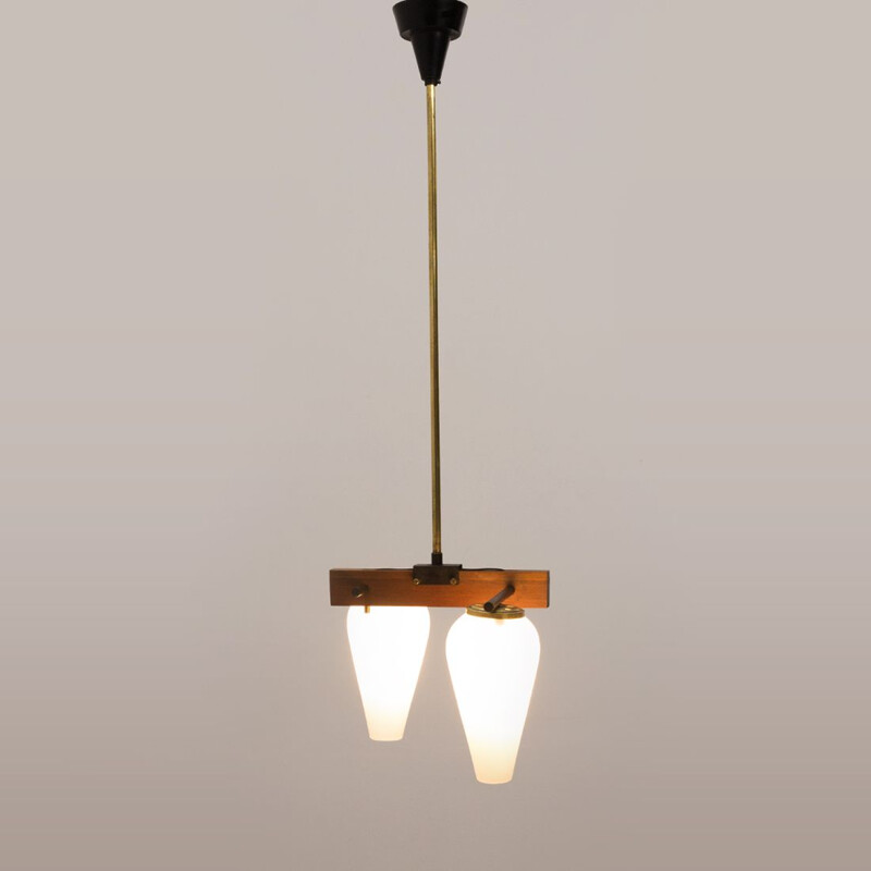 Vintage brass and opal glass Chandelier in teak Italy 1960s