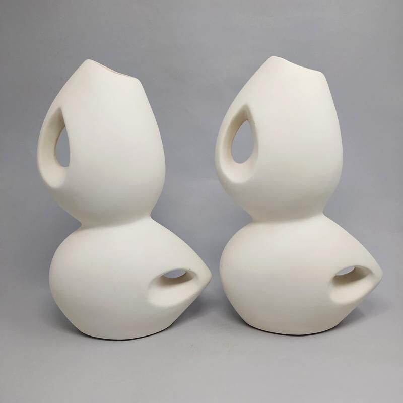 Pair of vintage Space Age White Ceramic Vases, Italy 1960s