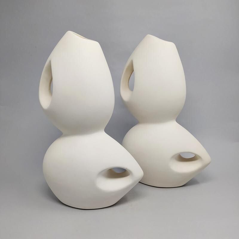 Paire de vases vintage en céramique blanche de l'ère spatiale, Italie 1960