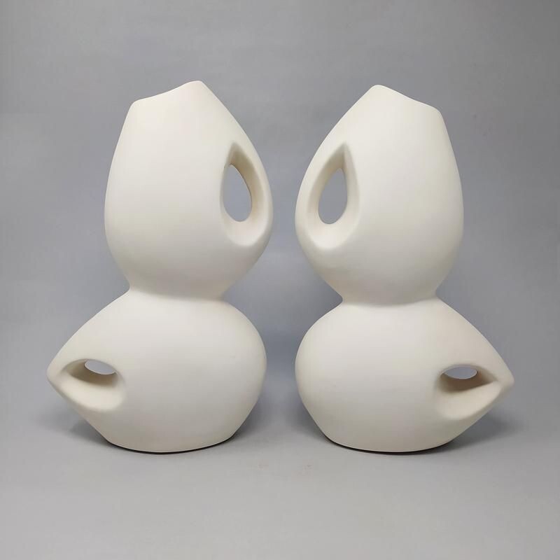Pair of vintage Space Age White Ceramic Vases, Italy 1960s