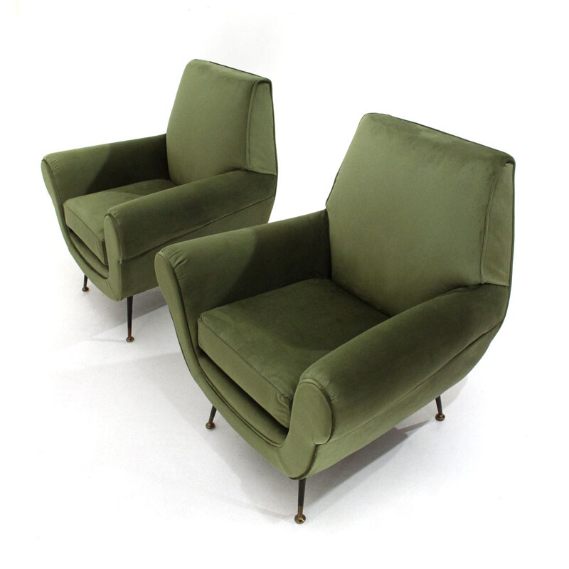 Paar vintage groen fluwelen fauteuils, Italië 1950