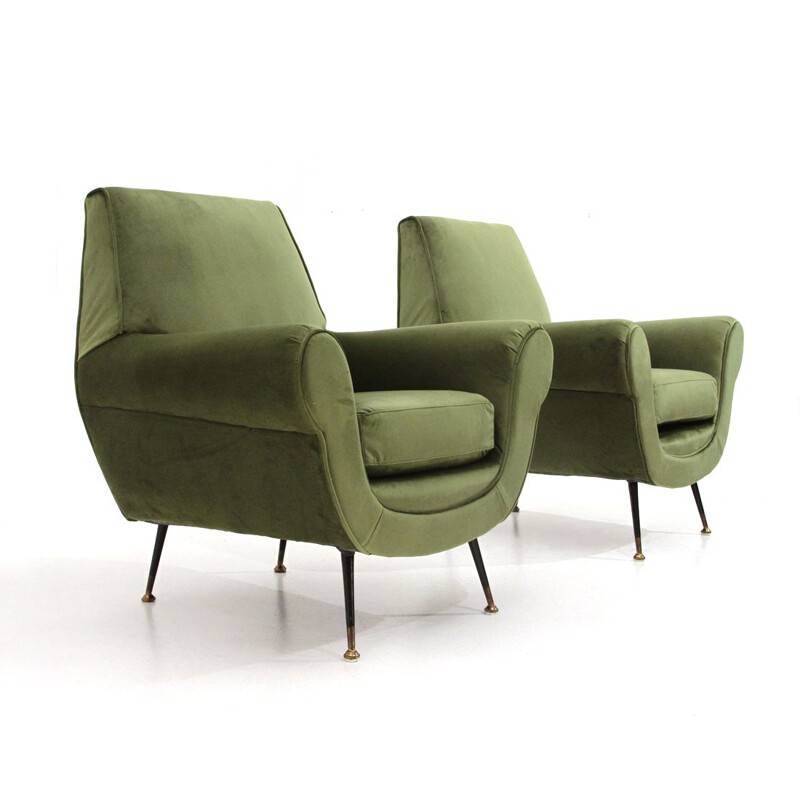 Paar vintage groen fluwelen fauteuils, Italië 1950