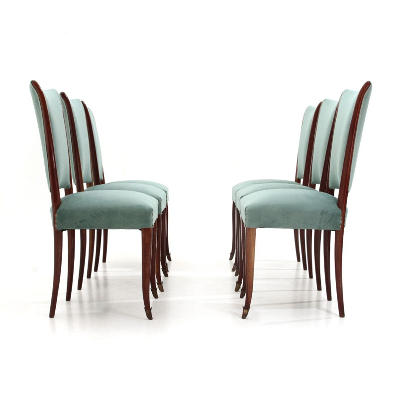 Set 6 vintage chairs in velvet and wood 1950s