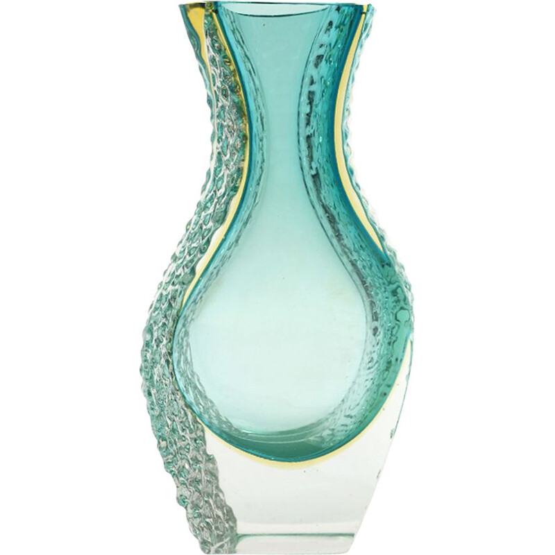 Jarrón vintage de cristal de Murano verde y amarillo de Mandruzzato 1960