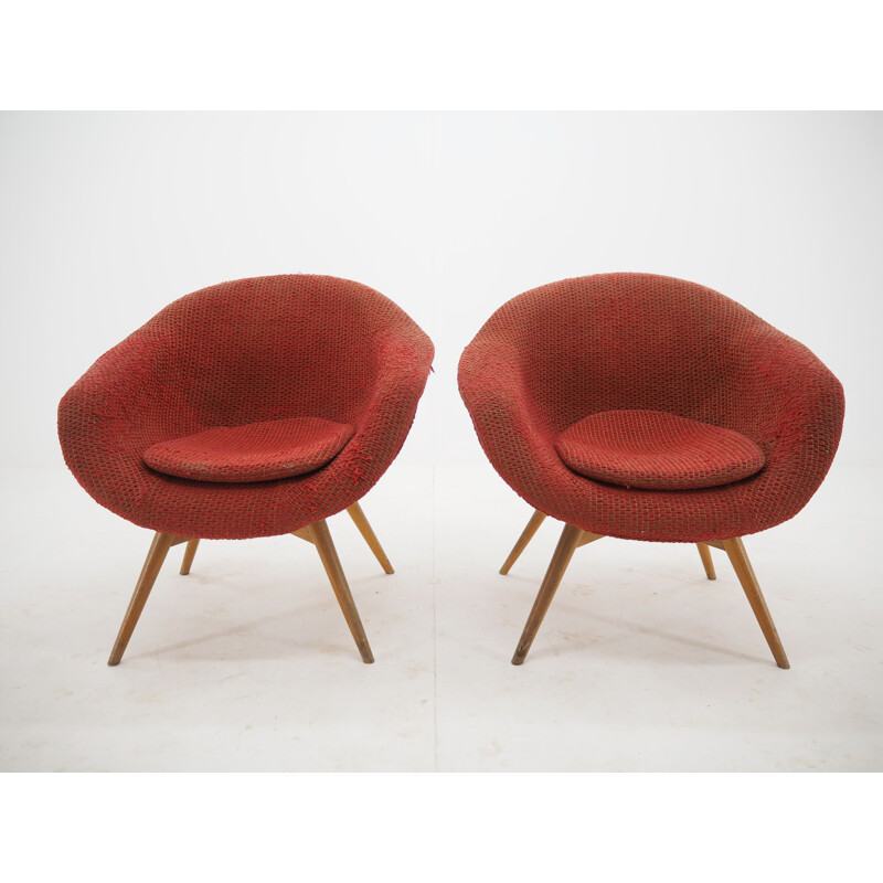 Pair of vintage armchairs in wood and synthetic sheepskin by Miroslav Navratil, Czechoslovakia 1960