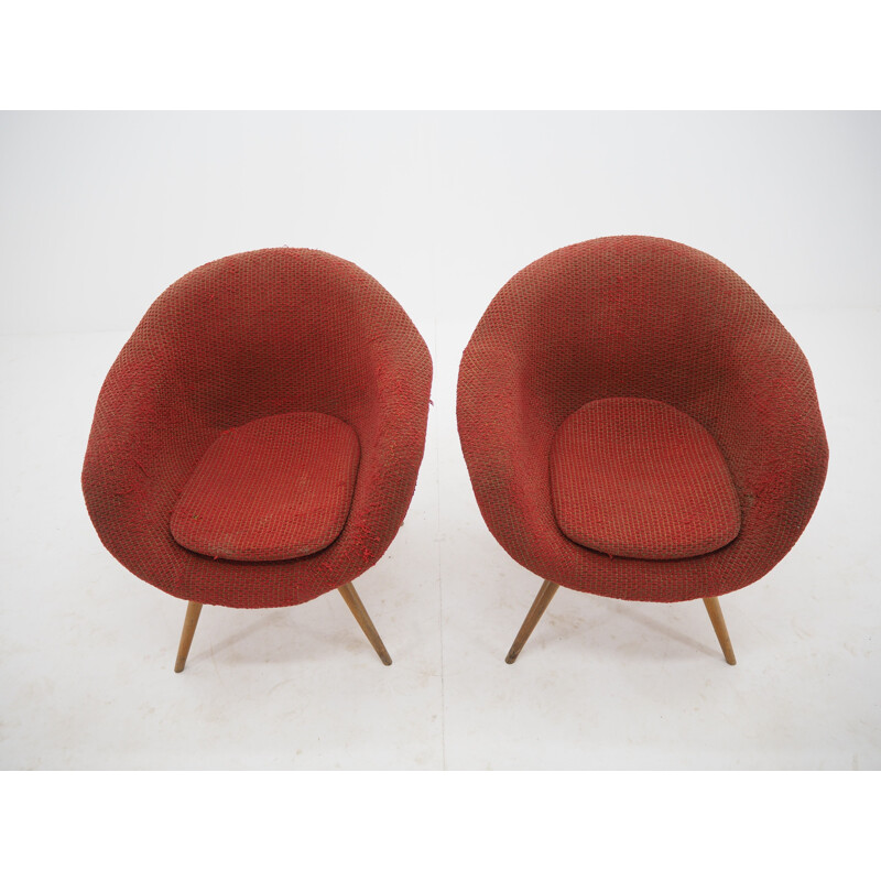 Pair of vintage armchairs in wood and synthetic sheepskin by Miroslav Navratil, Czechoslovakia 1960