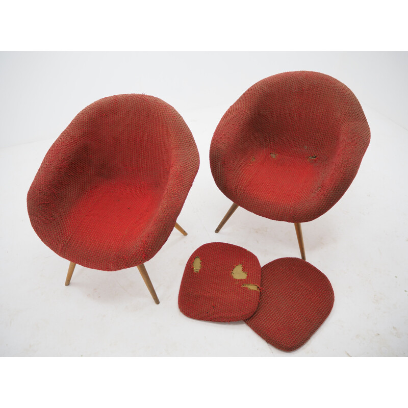 Pair of vintage armchairs in wood and synthetic sheepskin by Miroslav Navratil, Czechoslovakia 1960