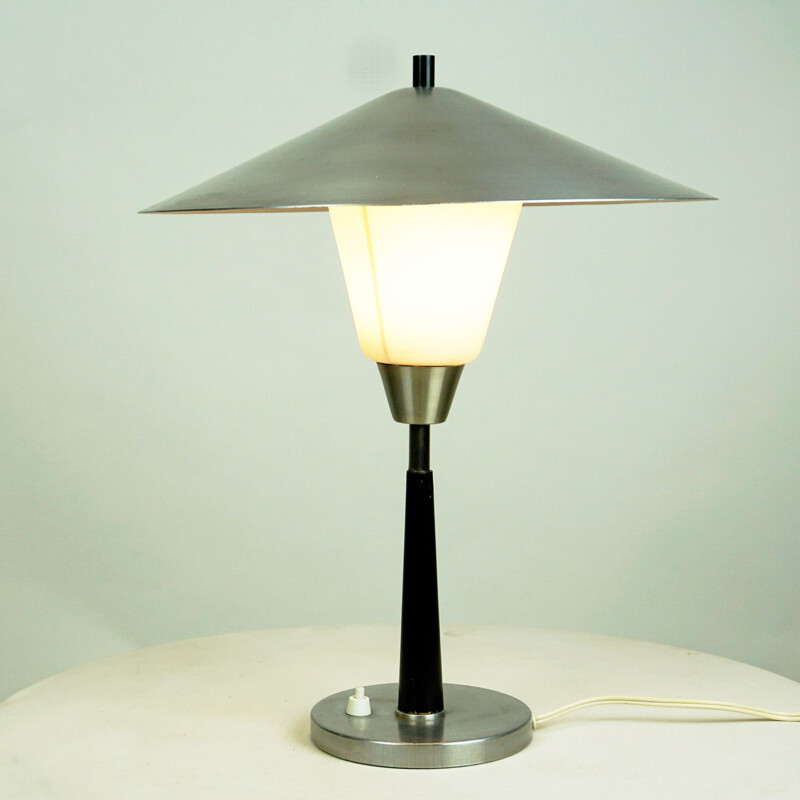 Vintage Aluminum and opaline Glass Table Lamp by Fog & Morup, Denmark 1960s