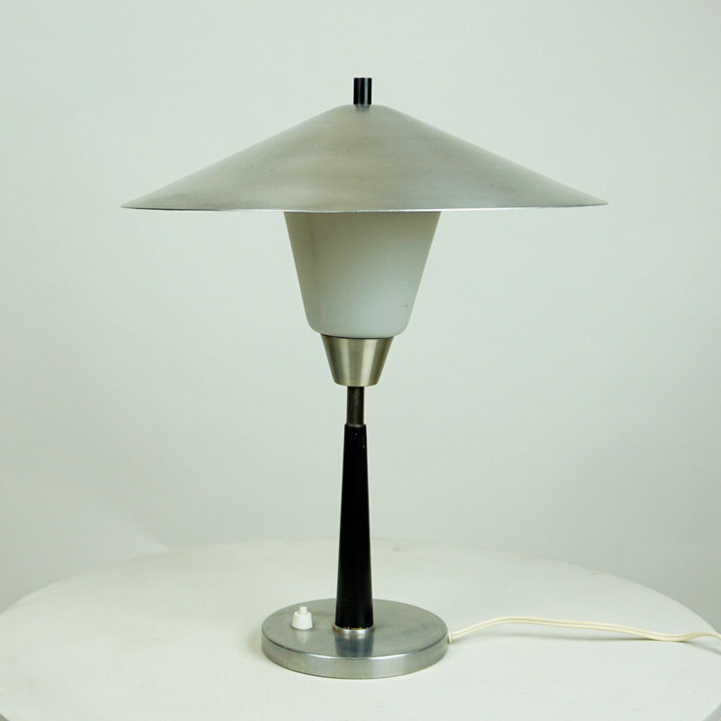 Vintage Aluminum and opaline Glass Table Lamp by Fog & Morup, Denmark 1960s