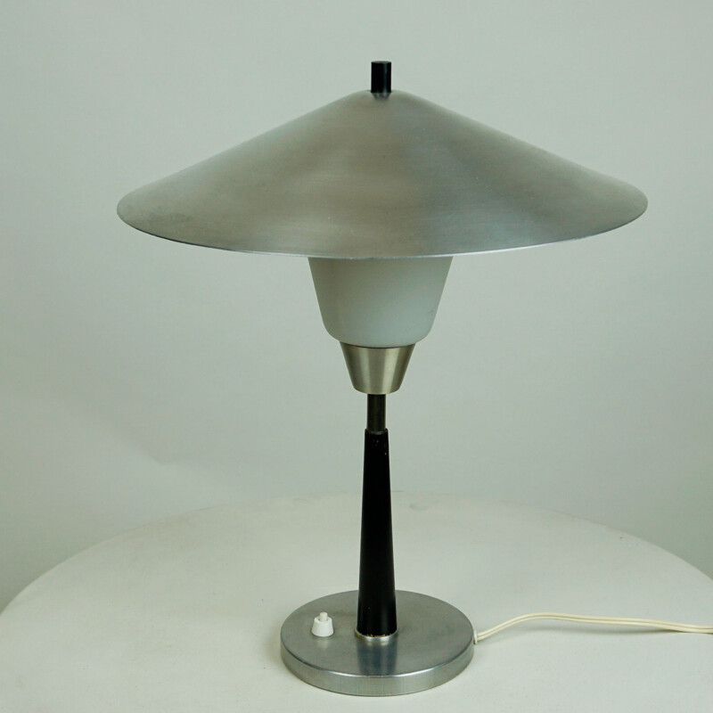 Vintage Aluminum and opaline Glass Table Lamp by Fog & Morup, Denmark 1960s