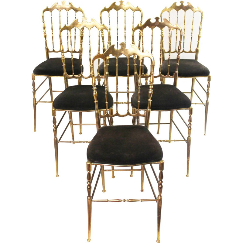 Suite de six chaises italiennes Chiavari en velours noir et laiton - 1950