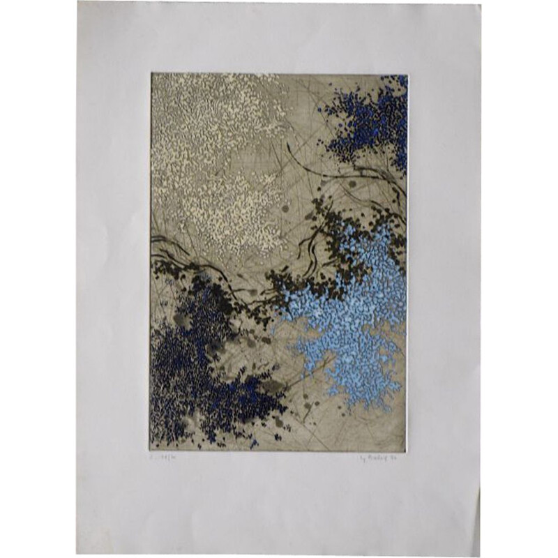 Vintage abstract silkscreen on woven pulp by Yannick Ballif, 1976