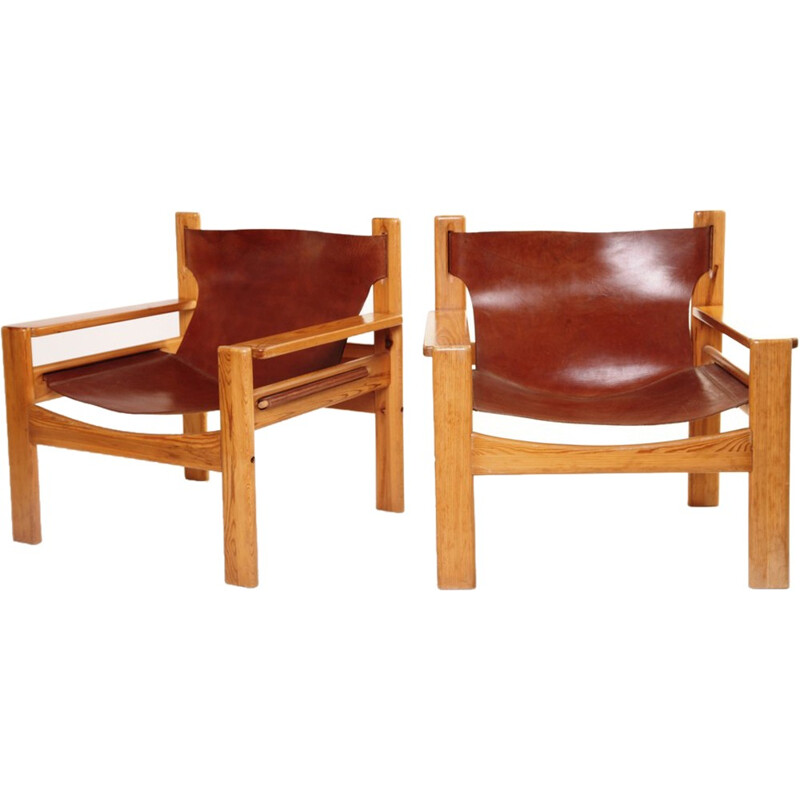 Paire de fauteuils scandinaves - cuir bois