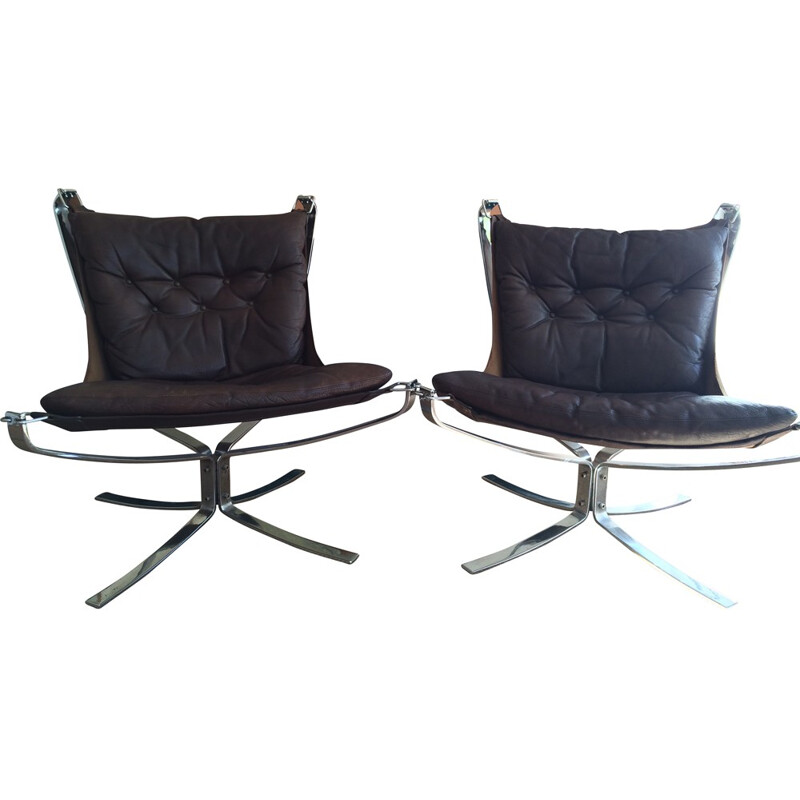 Pair of Falcon armchairs in dark brown leather and metal, Sigurd RESSELL - 1970s