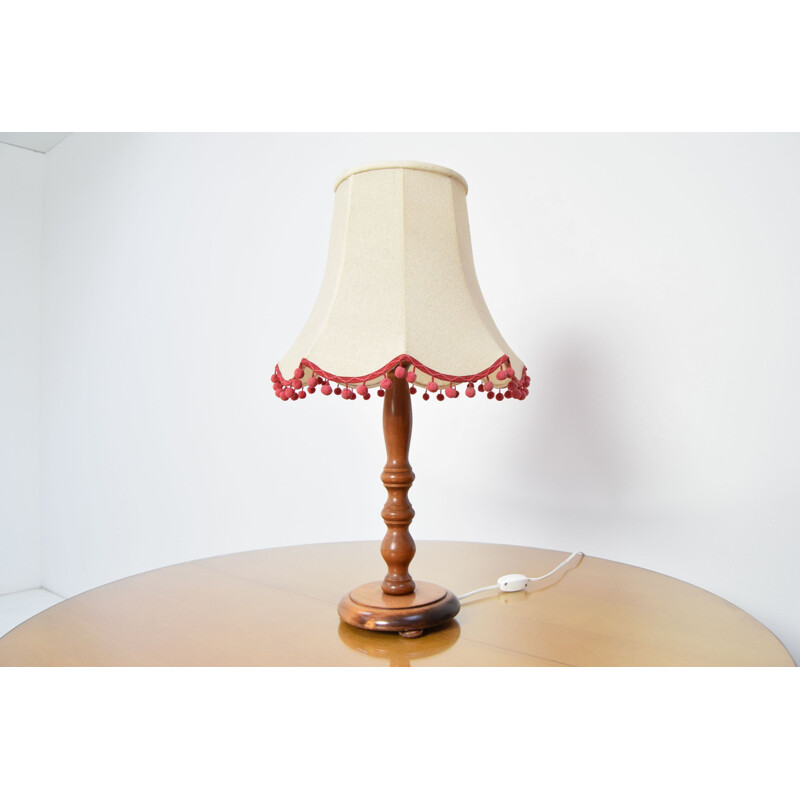Lampe de table vintage en bois et tissu, Tchécoslovaquie 1970