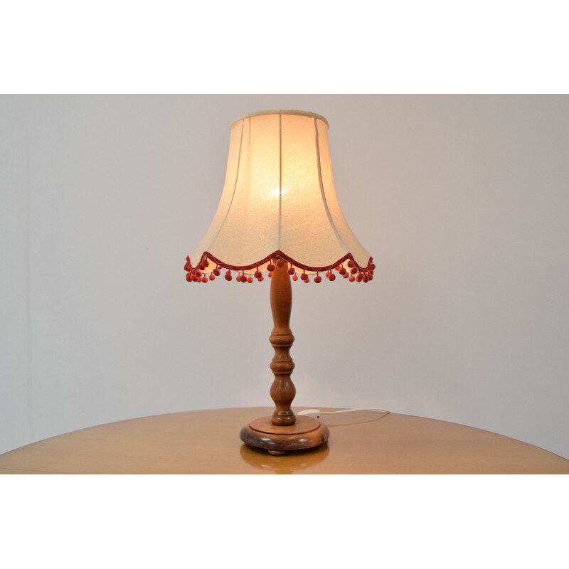 Lampe de table vintage en bois et tissu, Tchécoslovaquie 1970