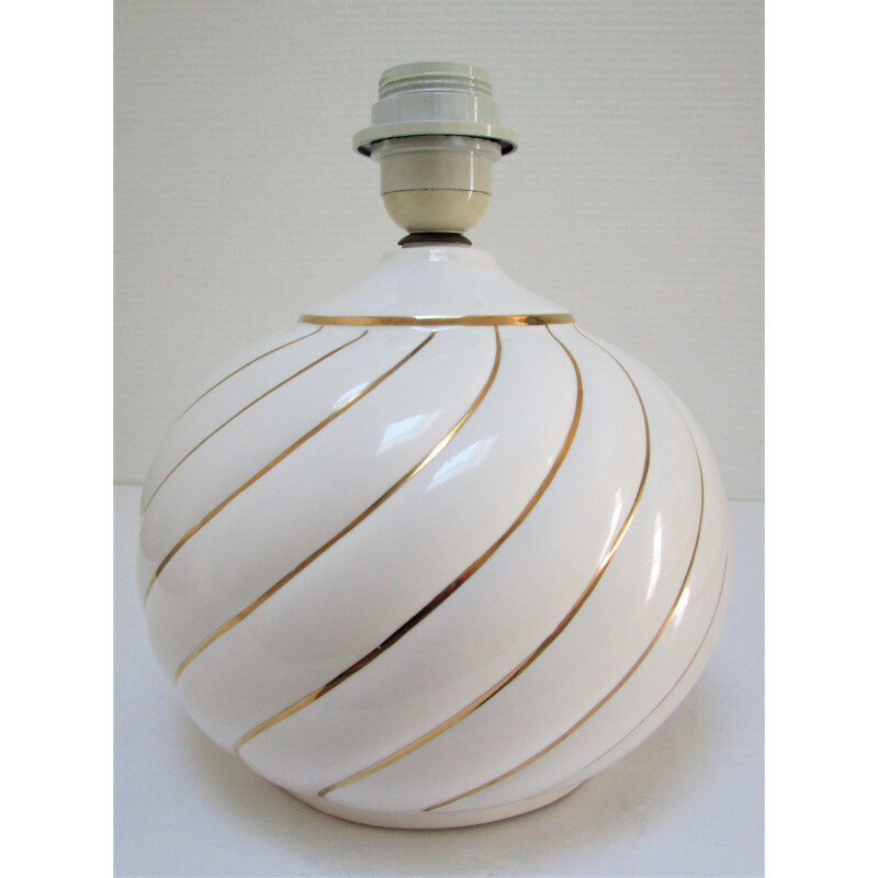 Lampe vintage céramique émaillée blanc et or 1970