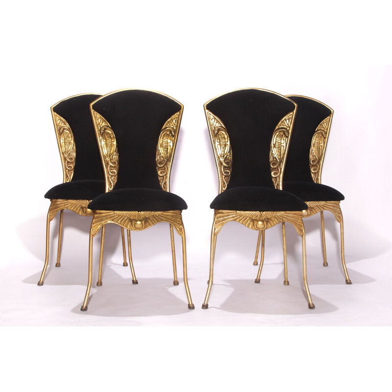 Set of 4 Vintage Dining Chairs, Snake Hollywood Regency Egypte Gold Colored 1970s