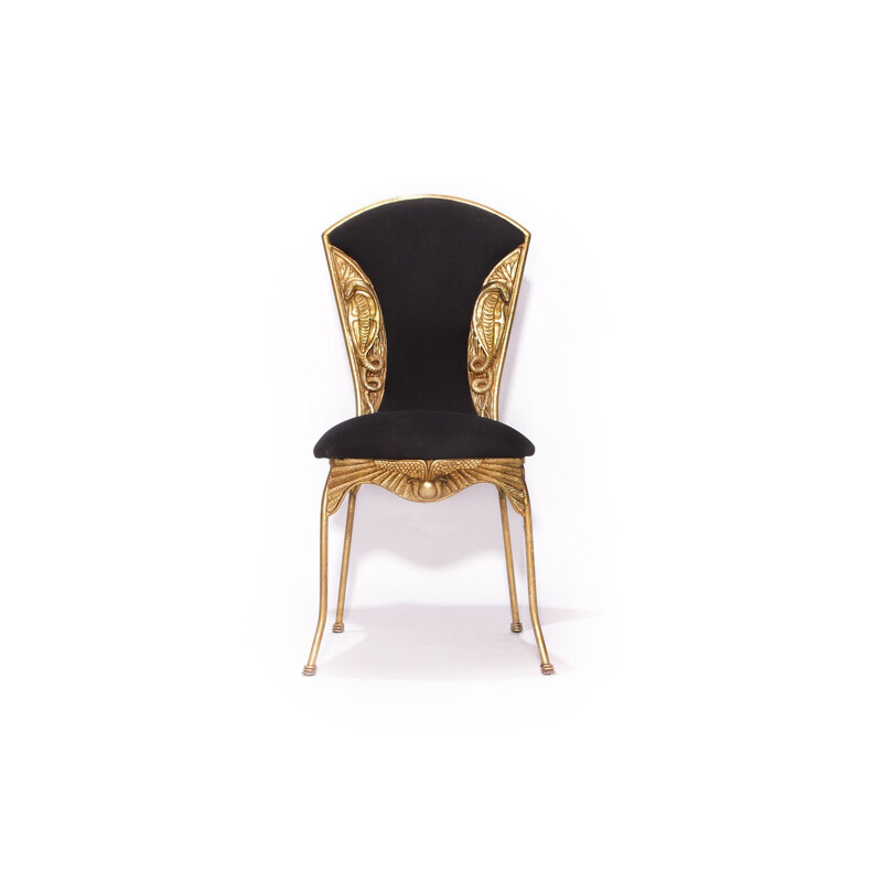 Set of 4 Vintage Dining Chairs, Snake Hollywood Regency Egypte Gold Colored 1970s