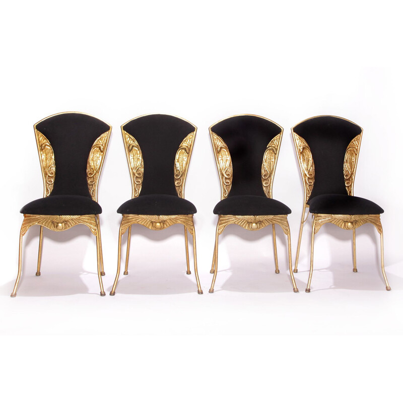 Set of 4 Vintage Dining Chairs, Snake Hollywood Regency Egypte Gold Colored 1970s