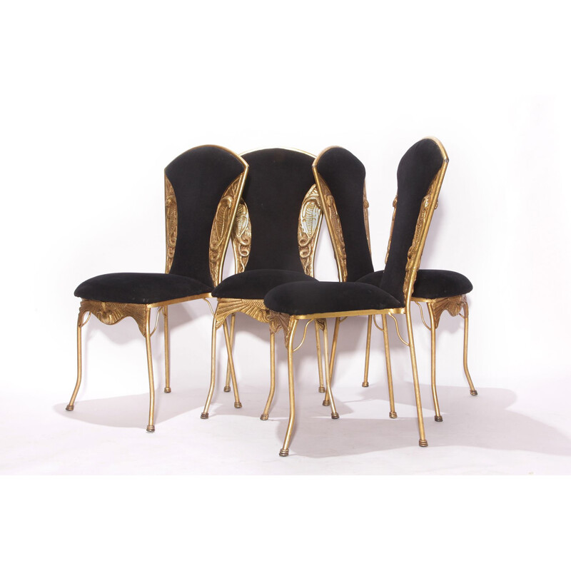 Set of 4 Vintage Dining Chairs, Snake Hollywood Regency Egypte Gold Colored 1970s