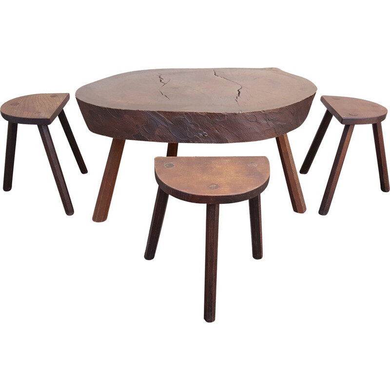 Set of tree trunk coffee table with 3 stools - 1960s