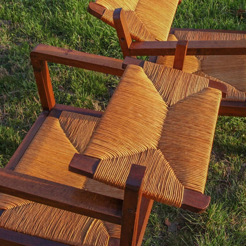 Pair of vintage armchairs with removable wooden and straw backrests 1960