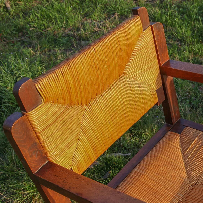 Pair of vintage armchairs with removable wooden and straw backrests 1960
