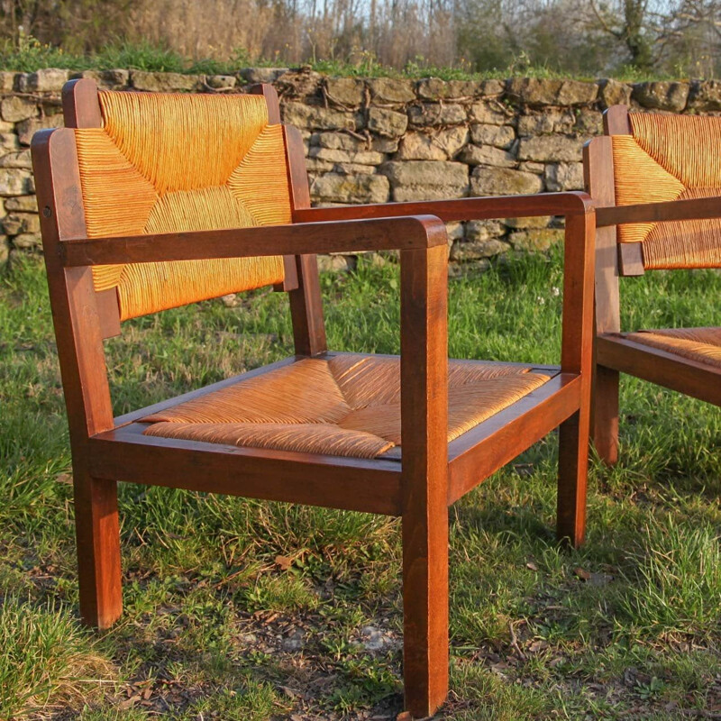 Pair of vintage armchairs with removable wooden and straw backrests 1960