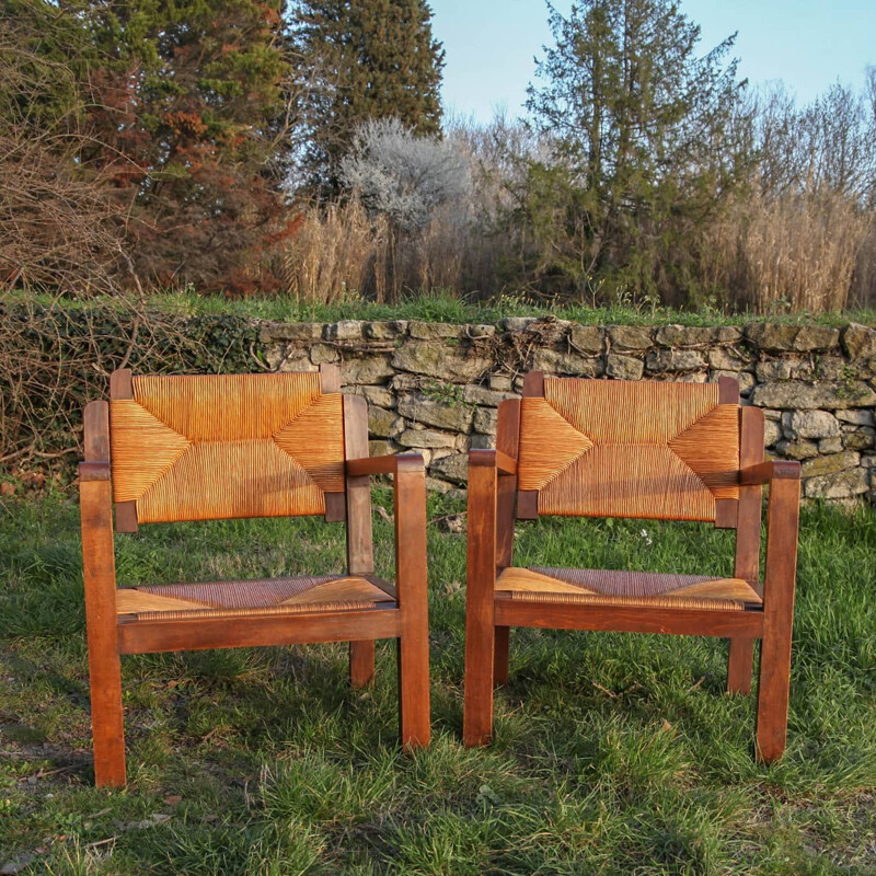 Pair of vintage armchairs with removable wooden and straw backrests 1960