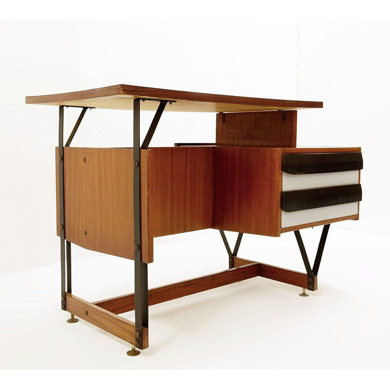 Vintage Wooden Desk with Metal Structure Ico Parisi Italy 1960
