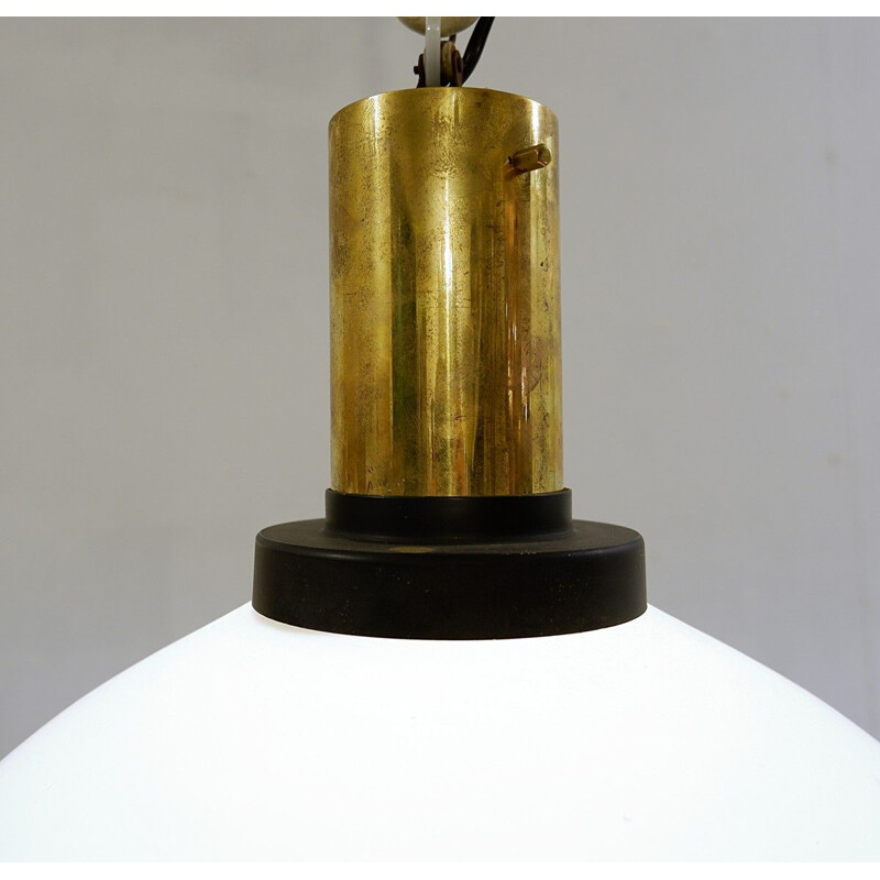 Vintage Hanging lamp in Opaline Glass And Brass Stilnovo Italy 1950