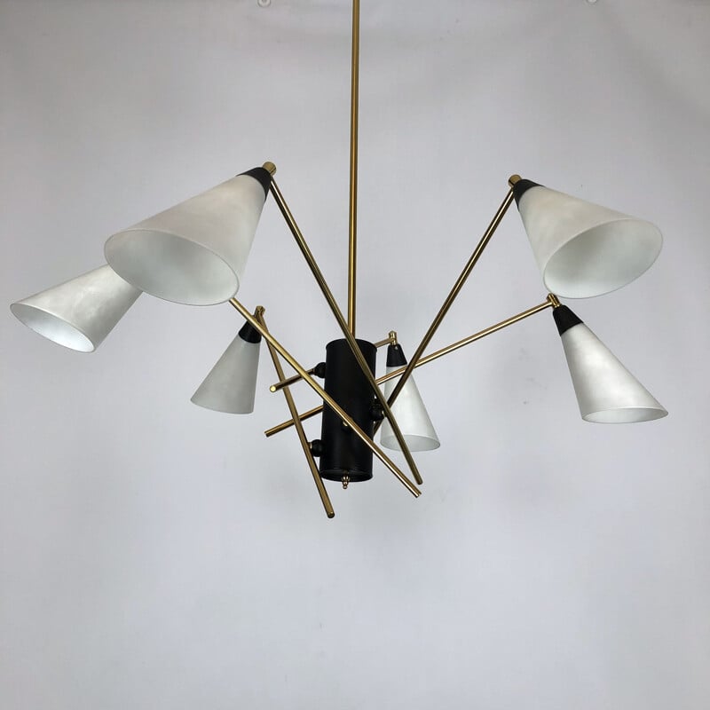 Large Midcentury brass and opaline glass chandelier Italian 1950s