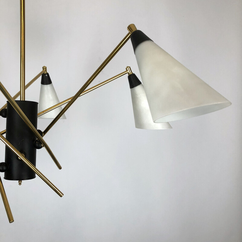 Large Midcentury brass and opaline glass chandelier Italian 1950s