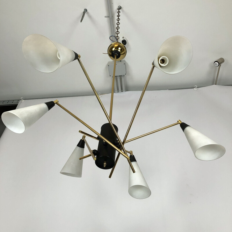 Large Midcentury brass and opaline glass chandelier Italian 1950s