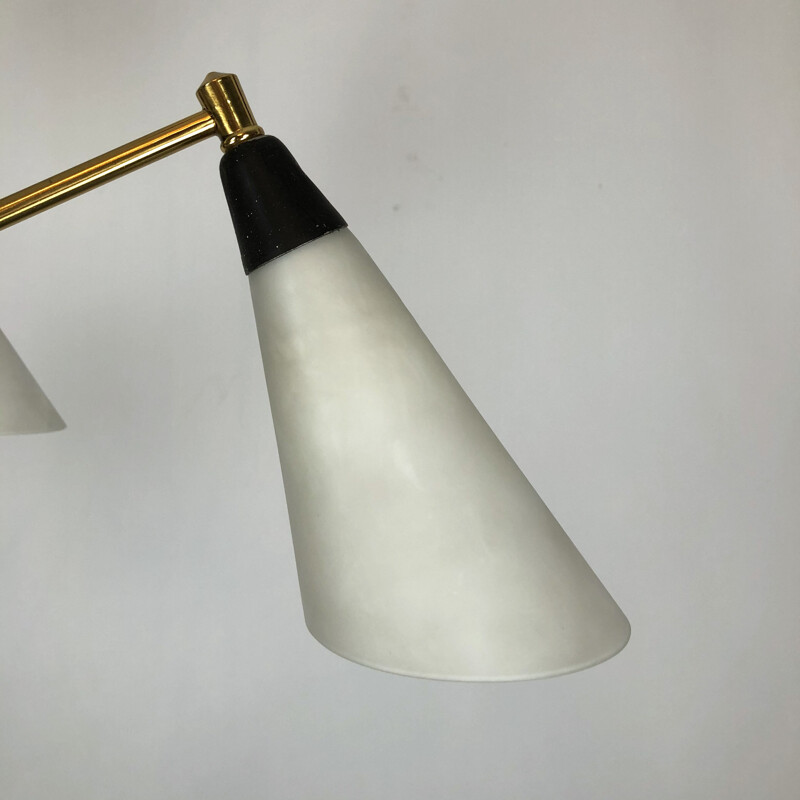 Large Midcentury brass and opaline glass chandelier Italian 1950s