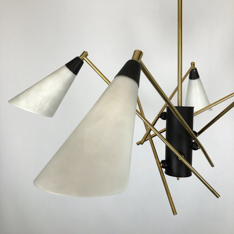 Large Midcentury brass and opaline glass chandelier Italian 1950s