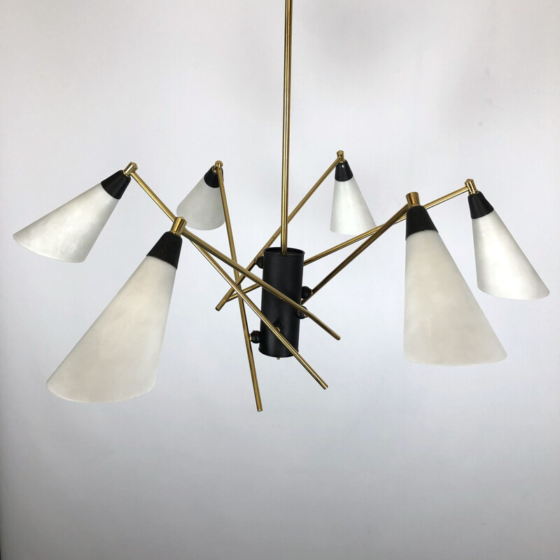 Large Midcentury brass and opaline glass chandelier Italian 1950s