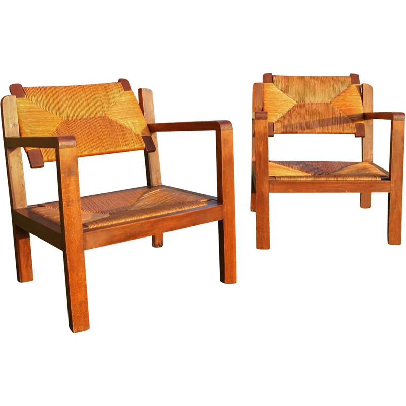 Pair of vintage armchairs with removable wooden and straw backrests 1960