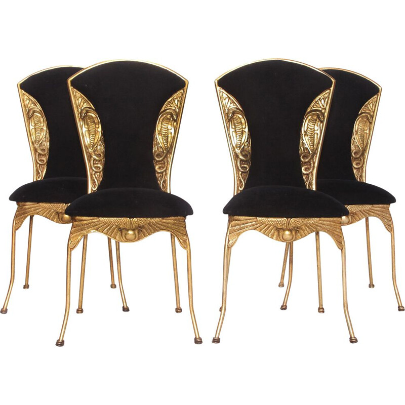 Set of 4 Vintage Dining Chairs, Snake Hollywood Regency Egypte Gold Colored 1970s