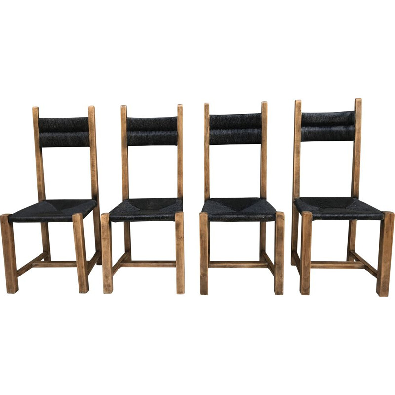Suite aus 4 Vintage-Stühlen aus Stroh 1960